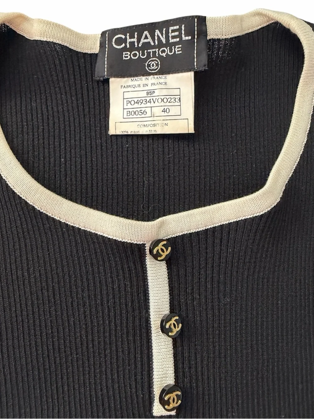 CHANEL 95P Black Cream CC Button Crop Top FR40 Spring 1995